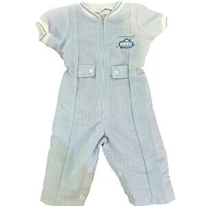Vintage Buster Brown Blue White Stripe seersucker Jumpsuit Size 3-6 Mths 80s 90s